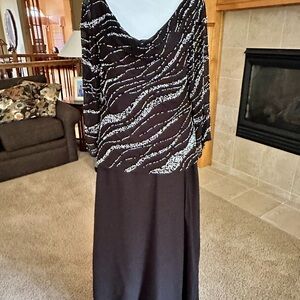 J Kara Elegant Black and Silver Long Sleeve Gown